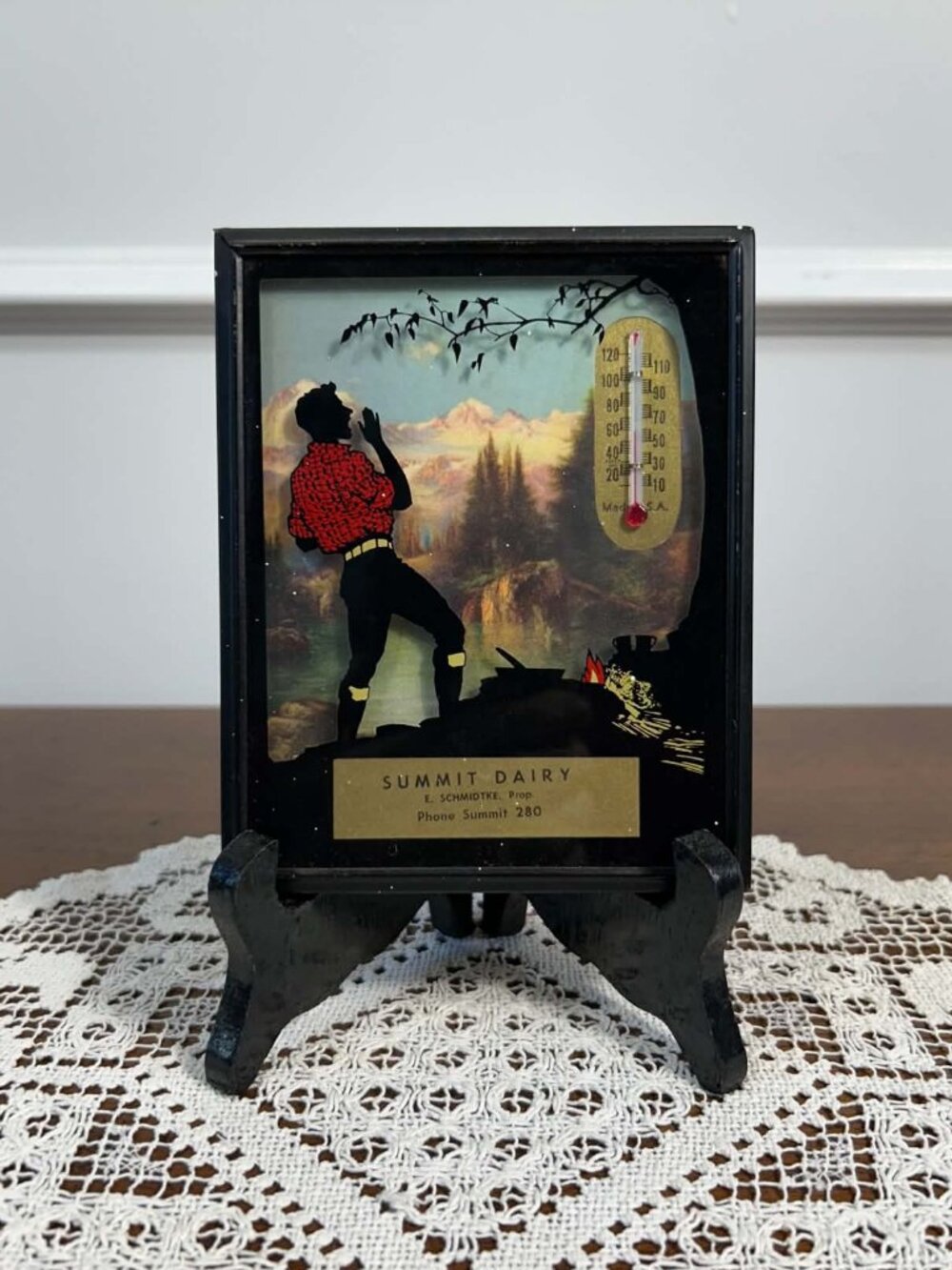 Vintage Yodeling Mountaineer Reverse Painted Glass Silhouette Advertising Thermo